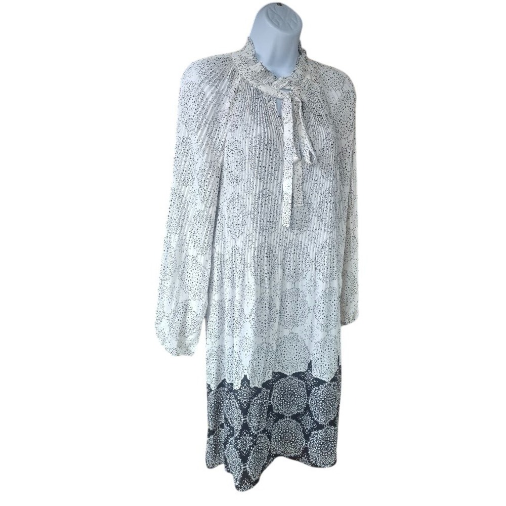 DR2 Daniel Rainn Pleated Medallion Midi Shift Dress Women L White Black Boho Mod
